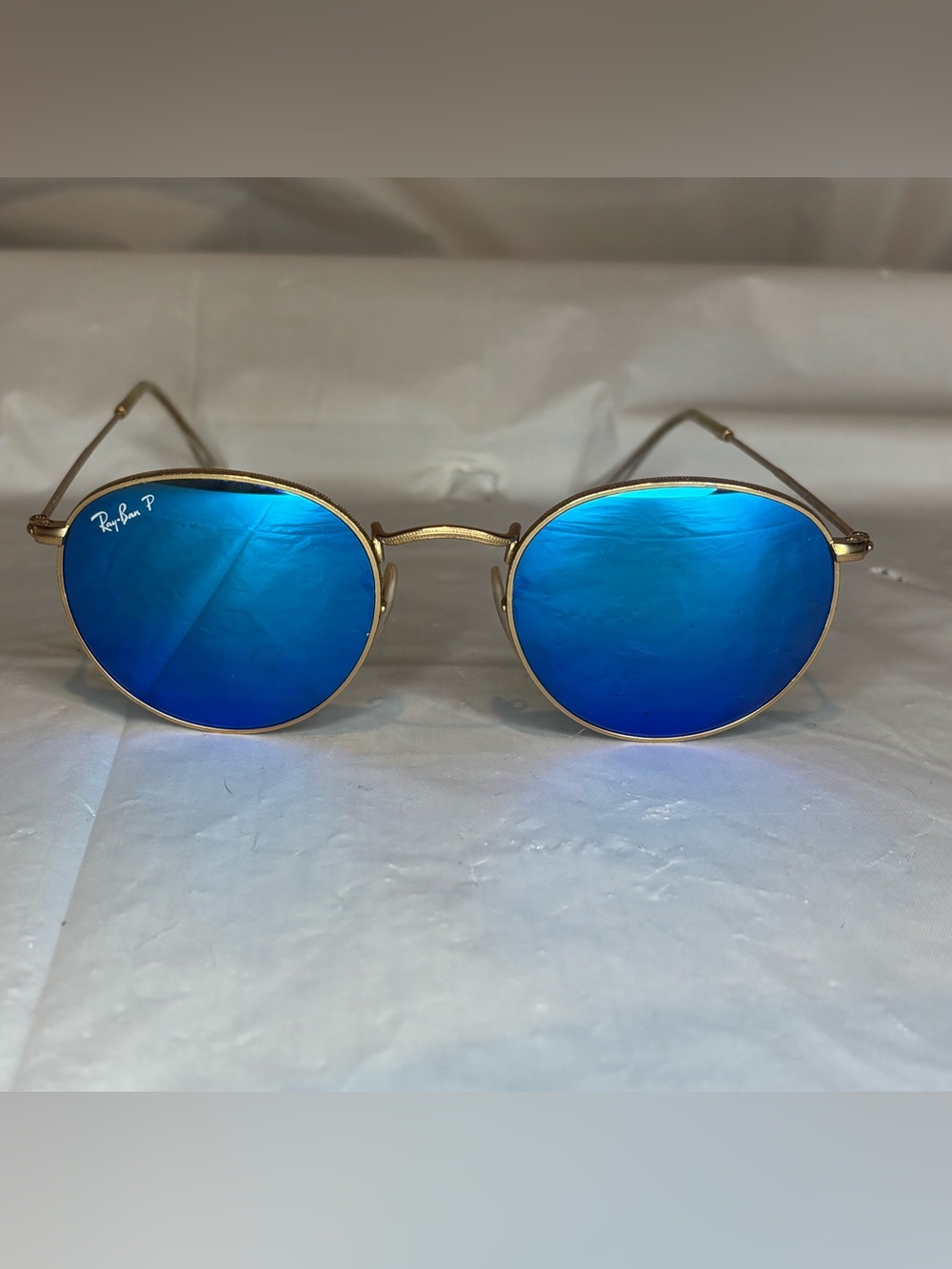 Ray-Ban Round Metal RB3447 Matte Gold Blue Flash Polarized Sunglasses 50mm